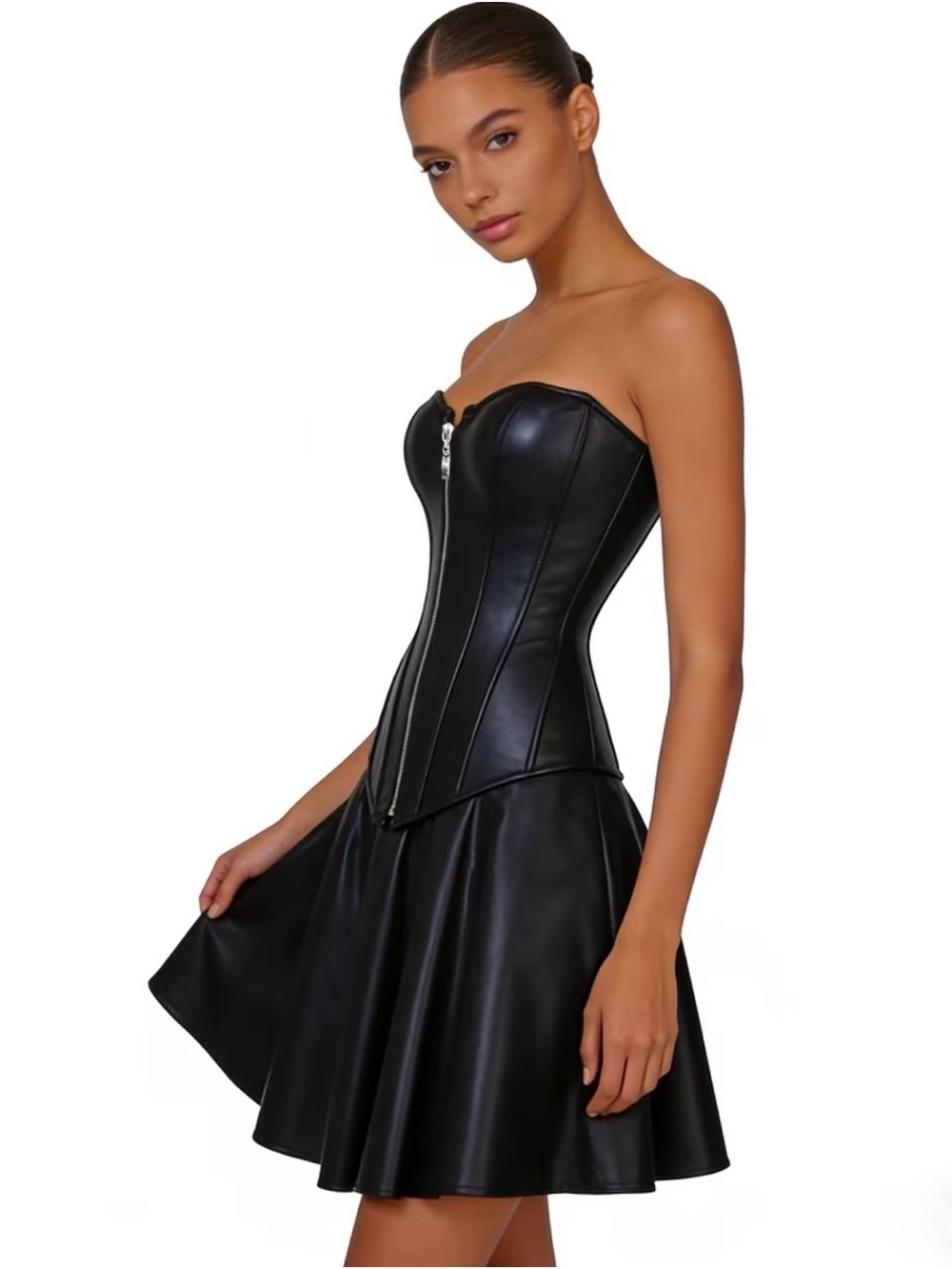 Strapless Black Faux Leather Zip-Front Corset Top 2XL/3XL
